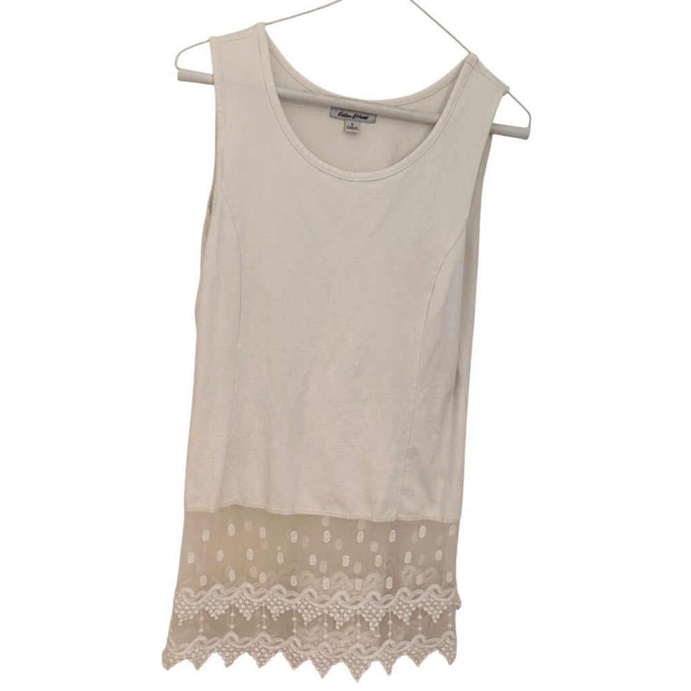 Kathleen Kirkwood Ivory Sleeveless Tank Lace Crochet Hem Polka Dot Embroidered